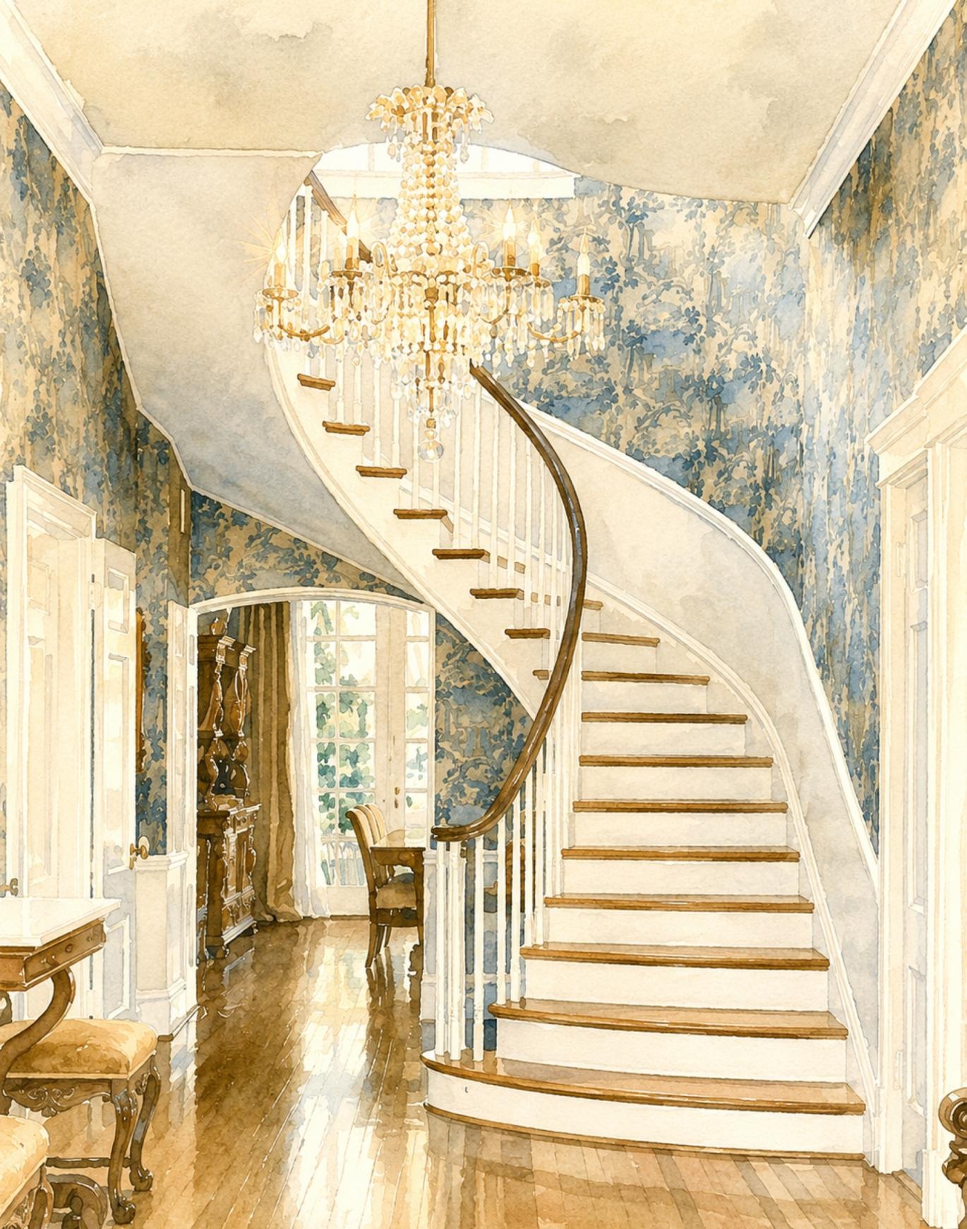 a staircase with a chandelier