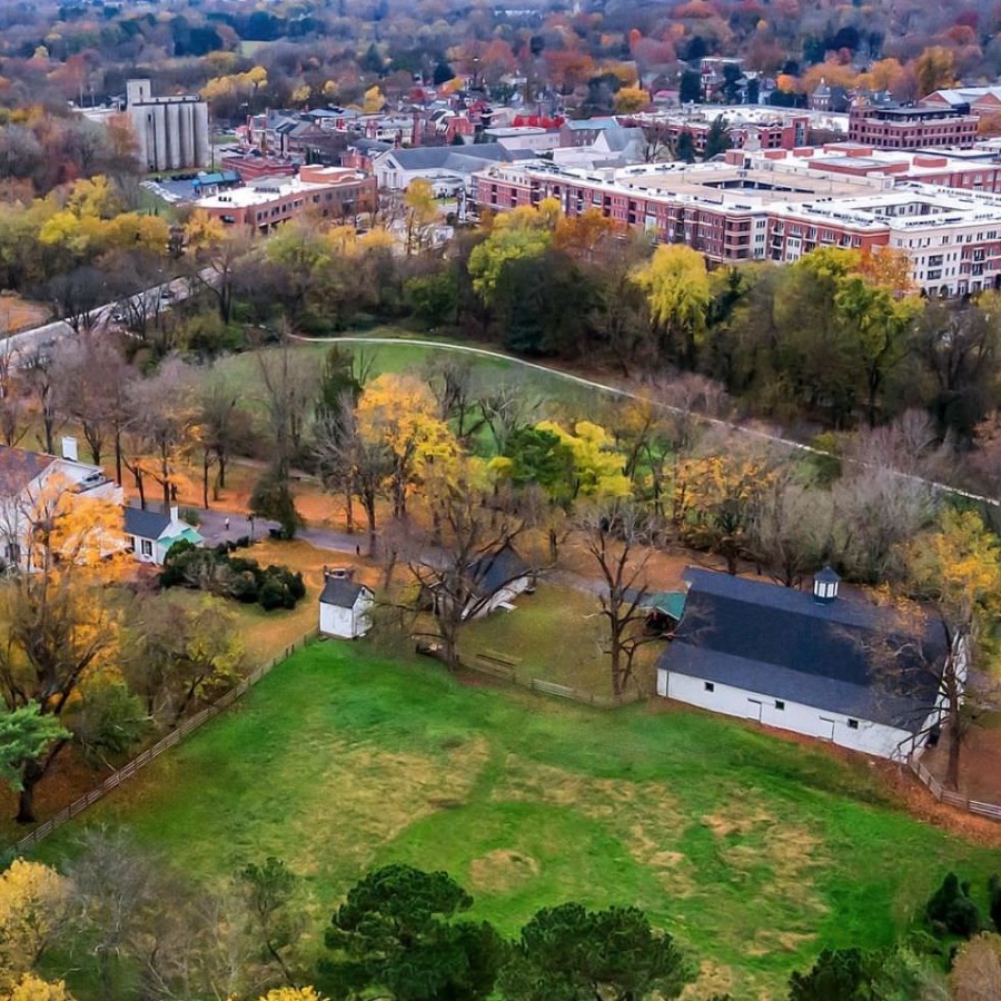 an aerial view of a city with trees and buildings